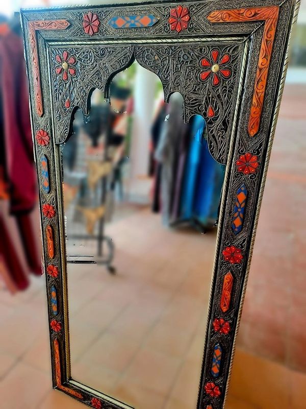 XLarge Pointed Arab Arch Mirror Decorated with White Metal and Raised Camel Bone & Resin Details