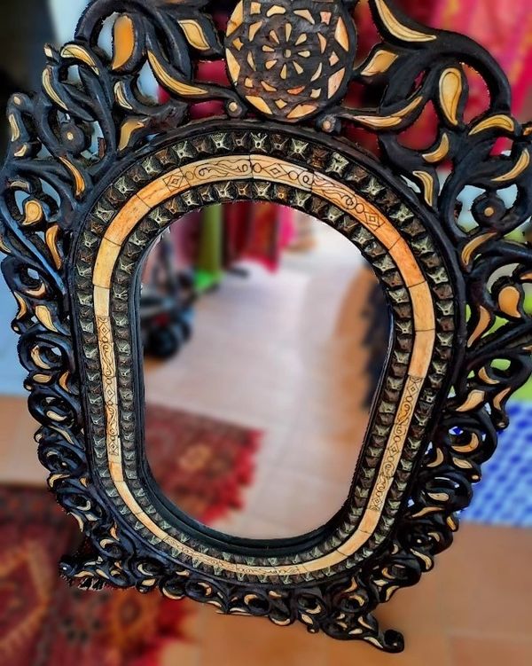 Unusual Large Oval Mirror with Heavy Filigree Wood Frame and Inset Henna Dyed Camel Bone Details