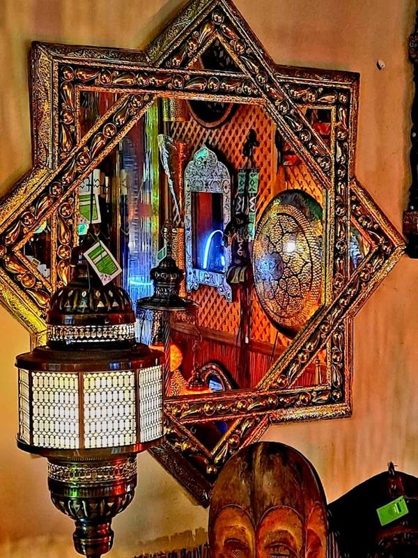 Large Eight Point Star Wood Mirror Decorated with Henna Dyed Engraved Camel Bone