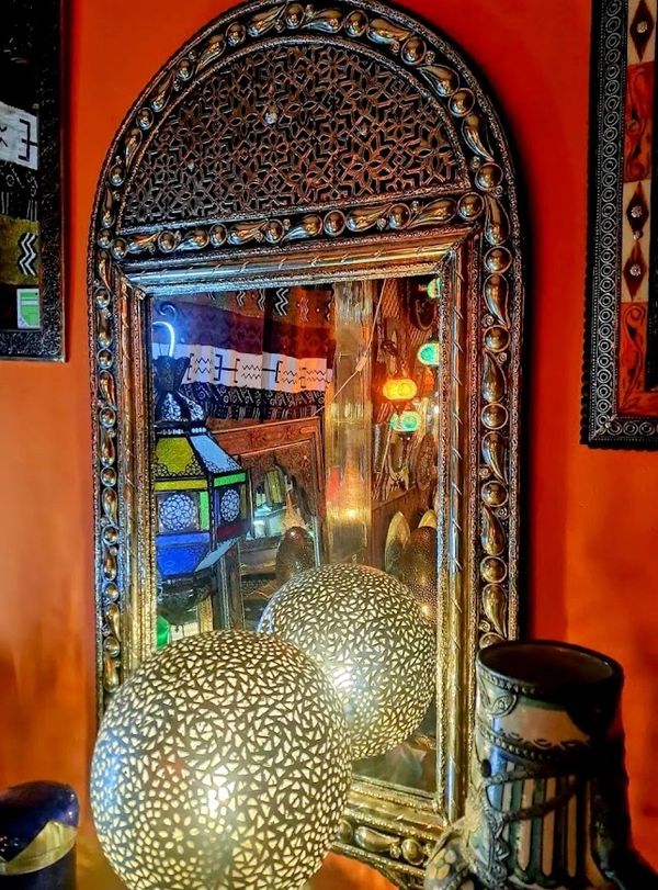 Large Round Arch Wood Mirror Decorated with Shaped & Engraved White Metal