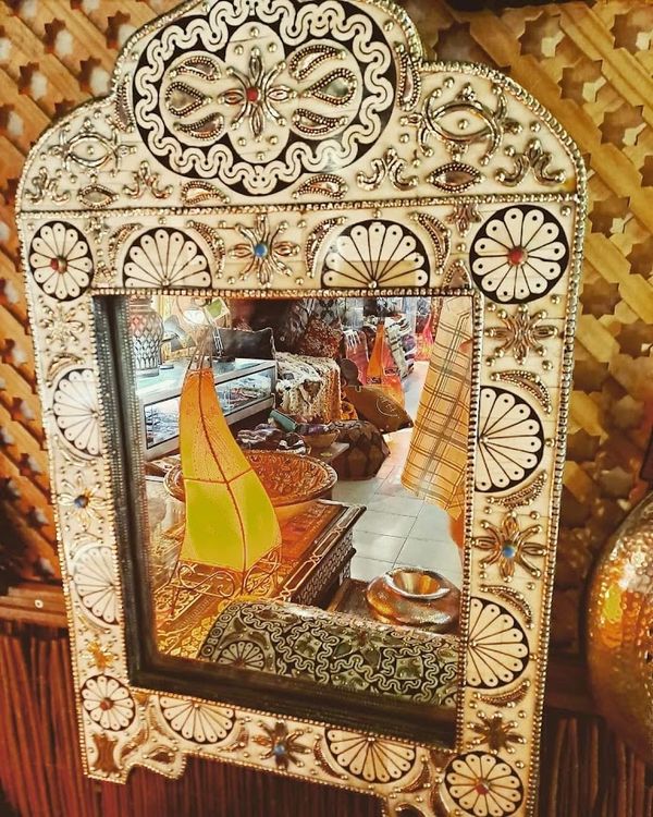 Mediun Pointed Arab Arch Wood Mirror Decorated with Inlaid Resin, White Camel Bone and Metal Details