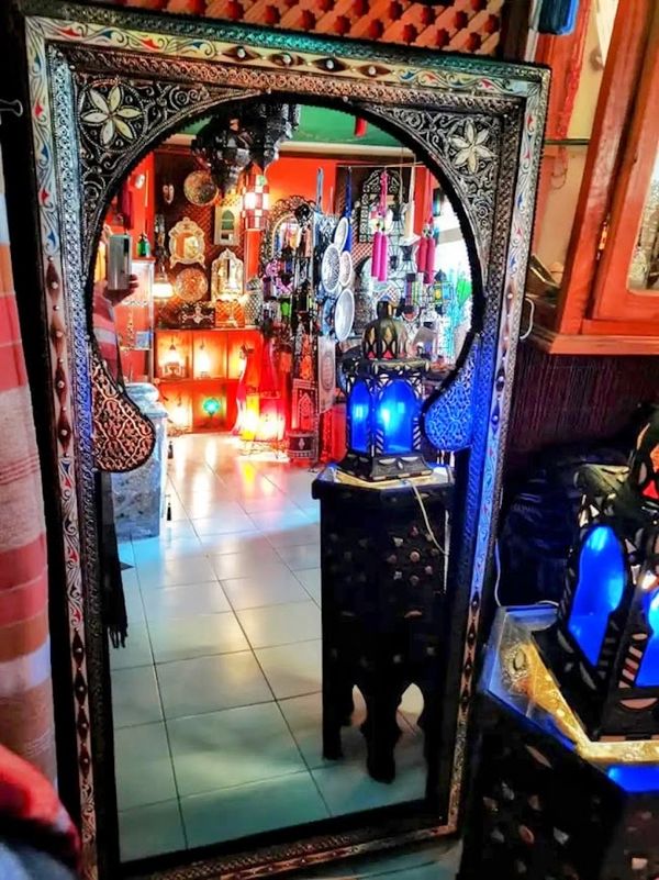 XLarge Round Arab Arch Mirror Decorated with Inlaid Camel Bone, Resin & Wood plus White Metal Detail