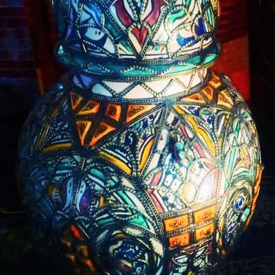 Large Colorful Fez Ceramic Urn Decorated with Engraved Henna Dyed Camel Bone and White Metal Details