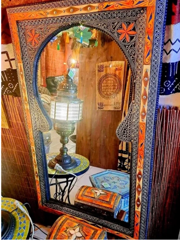 XLarge Round Arab Arch Mirror Decorated with Inlaid Camel Bone, Resin & Wood plus White Metal Detail