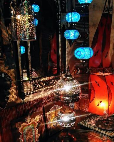 Turkish Cascading Glass Ball Lamp & Brass Table Lamp, Moroccan Leather (Skin) Lamp & Metal Applique