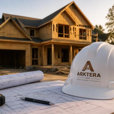 Construction site with architectural plans and a branded hard hat in the foreground.
