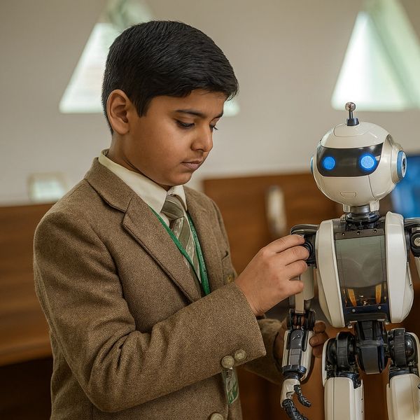 A boy in a school uniform examining a humanoid robot indoors.