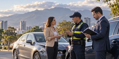Mujer discutiendo con policía tras accidente de coche.