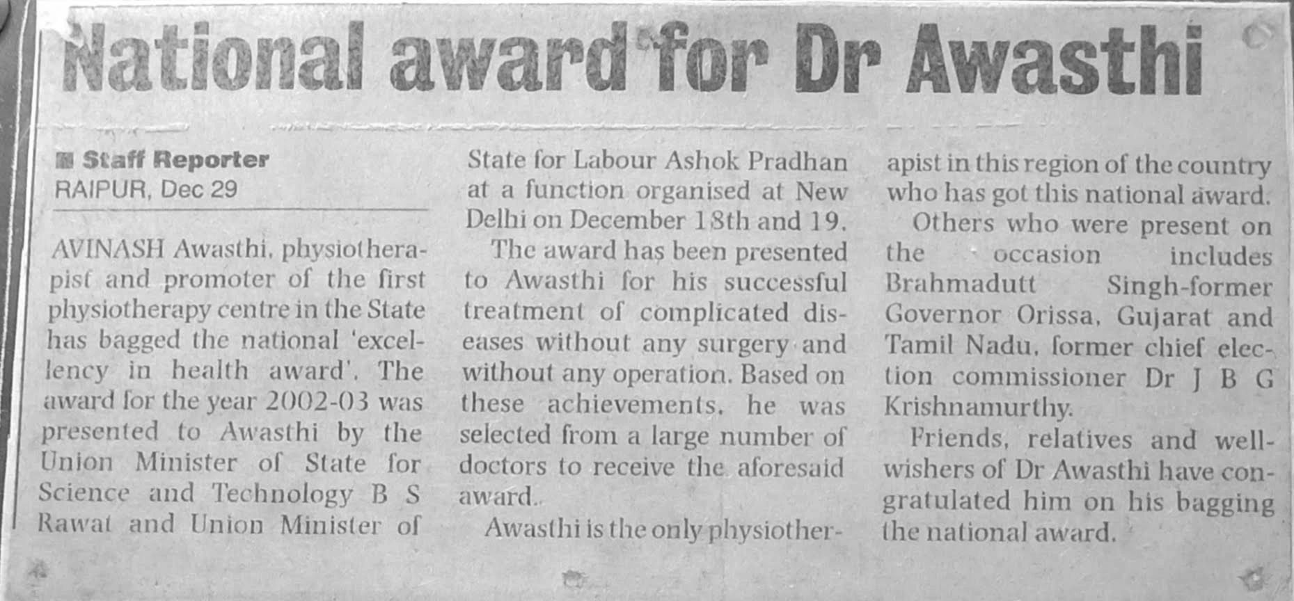 National Award for dr Awasthi news