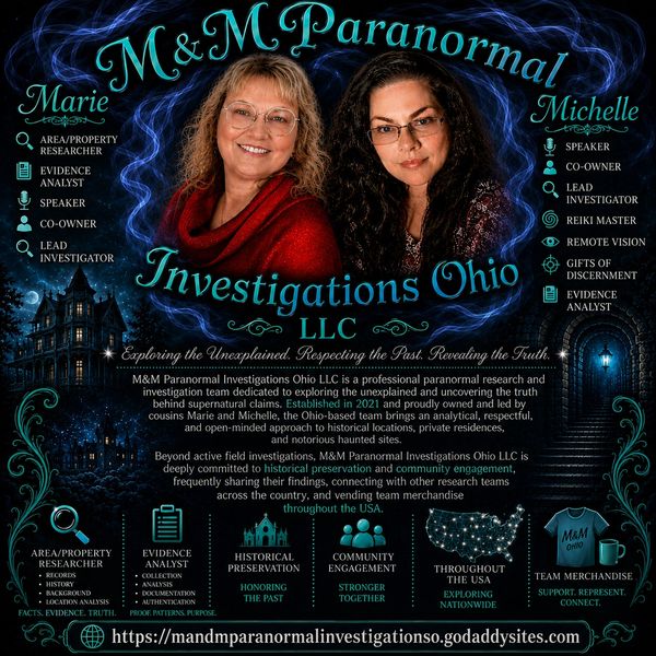 Promotional poster for M&M Paranormal Investigations Ohio LLC featuring Marie and Michelle.