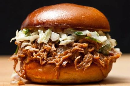 Bbq, pork, sandwich, cole, slaw, bun, lunch, meal, close, up, sauce, brioche, tasty