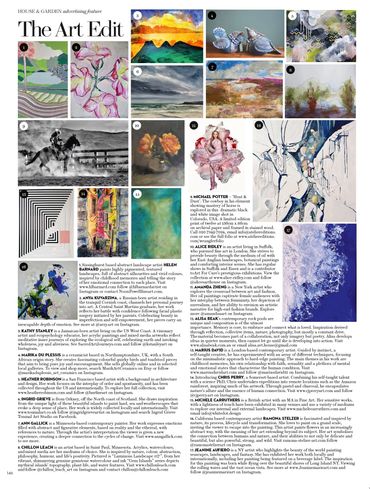 page from The World of Interiors magazine showcasing artist work and bios, with artist Chillon Leach