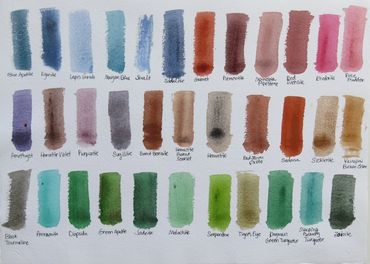 color chart of genuine gemstone watercolors used in abstract landscape paintings by Chillon Leach