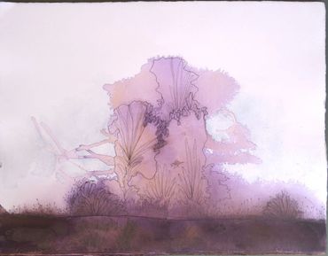 abstract mixed media landscape painting on paper in shades of purple and brown with black ink detail