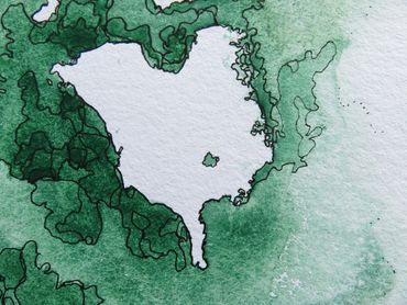 topographical map painting detail close up painted with genuine green turquoise gemstone watercolors