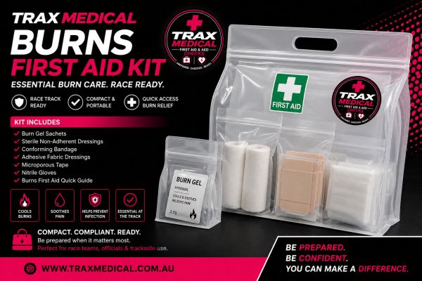 Trax Medical Burns First Aid Kit with essential burn care items in clear pouch.
