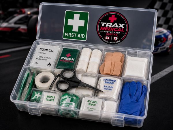 Organized first aid kit with various medical supplies.