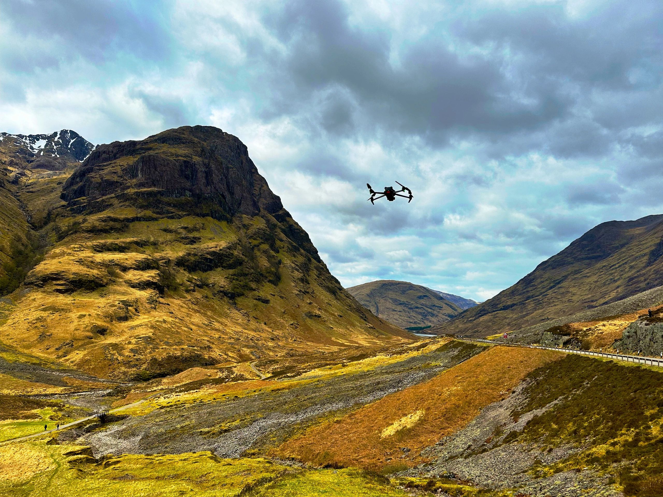 Mavic 3 looking west down Glen Coe with the 3 Sisters of Glen Coe on the left
