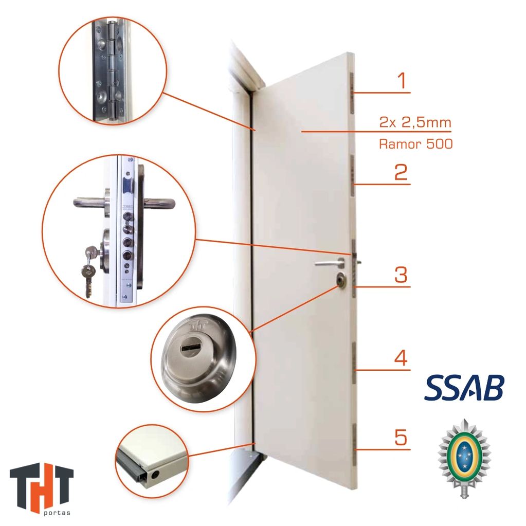 Uma porta branca blindada aberta com fechadura e batentes em aço fechadura tht exercito brasileiro