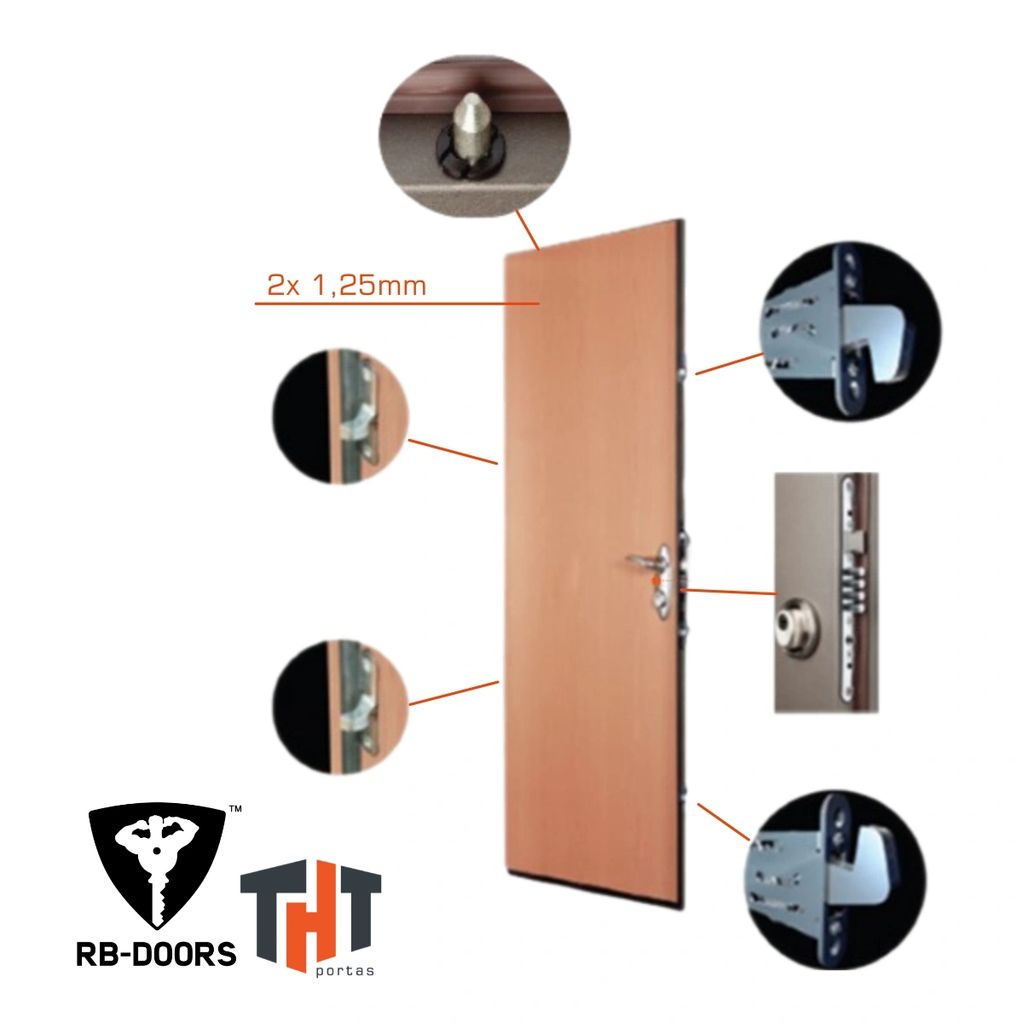 Uma porta madeira blindada aberta com fechadura e batentes em aço fechadura em aço marca rb-doors