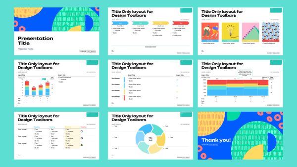 A colorful multi-slide presentation template with charts and thank you slide.