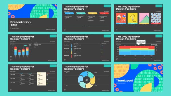 A colorful presentation template with various chart and layout designs.