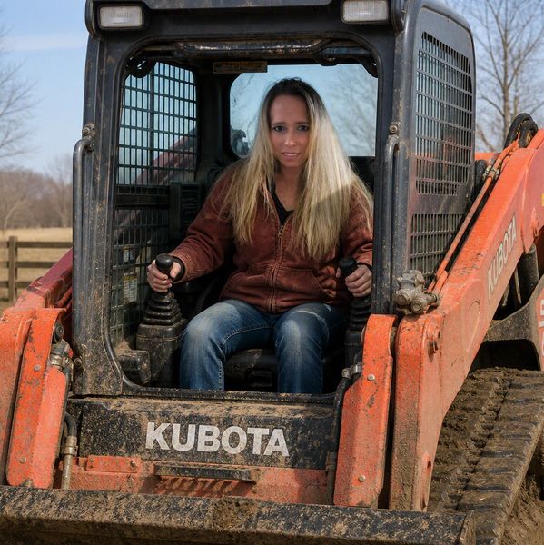 Woman operating a Kubota construction vehicle.