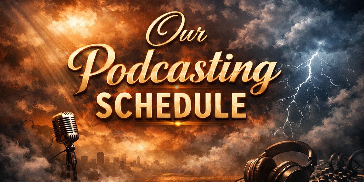 Dramatic podcasting schedule banner with vintage microphone and headphones against stormy sky.