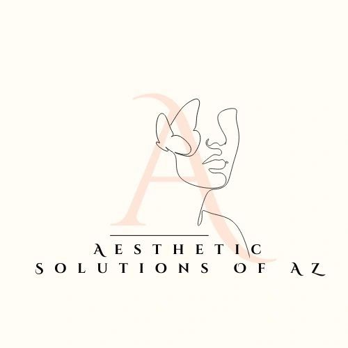 Minimalist logo with a continuous line face and butterfly, reading 'Aesthetic Solutions of AZ'.