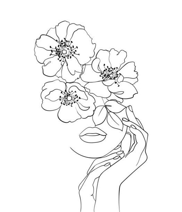 Line art of a face with flowers covering the eyes and hands gently touching the face.