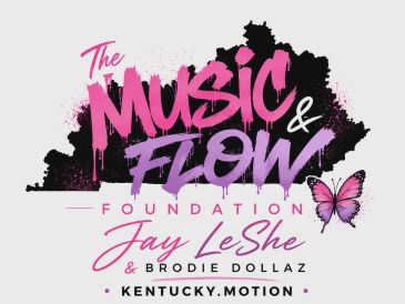 Logo of The Music & Flow Foundation featuring a pink and purple butterfly.