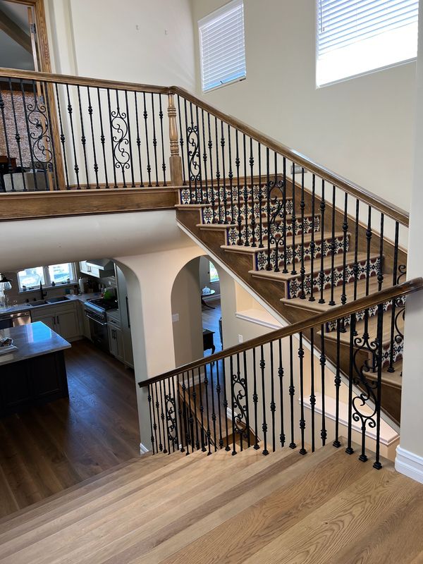 Decorative stair guardrails with top oak wood