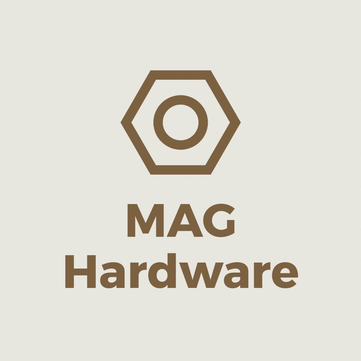 Simple logo of MAG Hardware with hex nut icon.