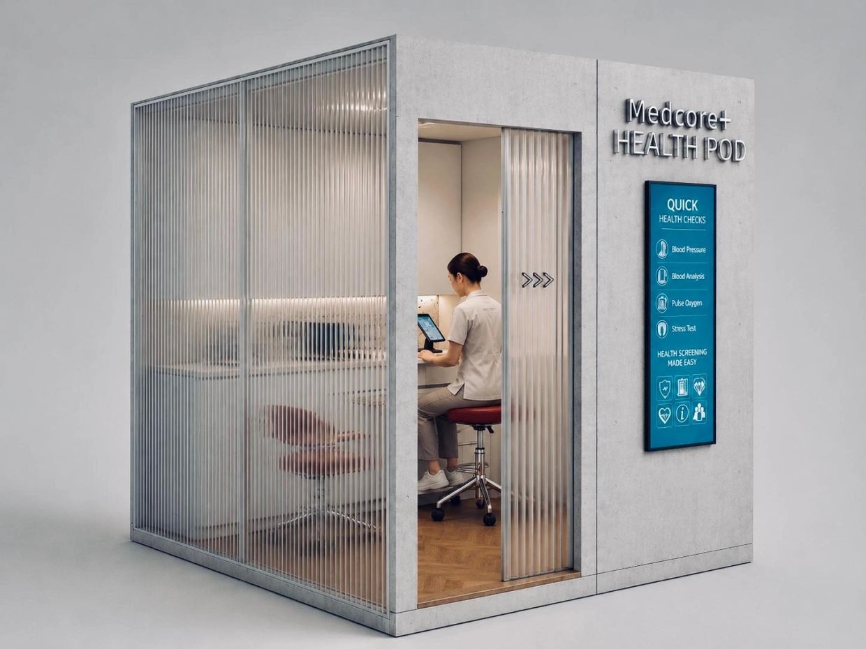 A modern health pod with a woman seated inside using a tablet for health checks.