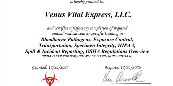 Certificate for Venus Vital Express, LLC for medical courier training completion.