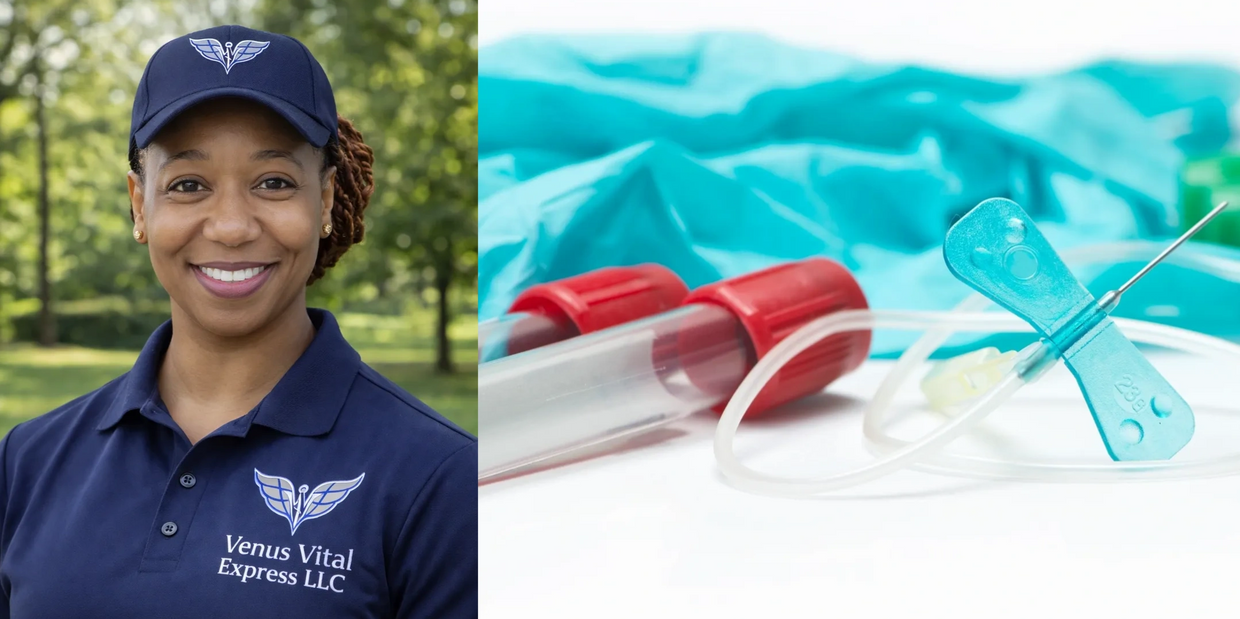 Smiling healthcare worker from Venus Vital Express LLC with medical supplies.