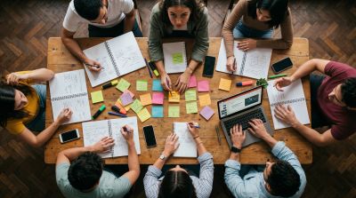 Group brainstorming with sticky notes and notebooks.