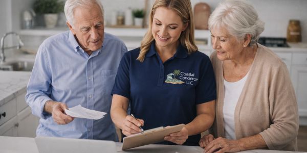 Caregiver assisting elderly couple with paperwork at home.