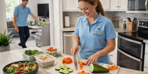 Two people in uniforms preparing fresh vegetables in a modern kitchen.
