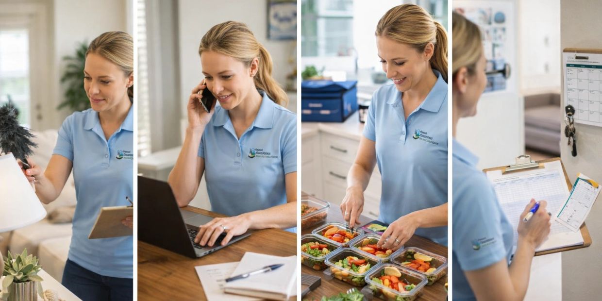 Woman in blue shirt doing cleaning, working, meal prep, and organizing tasks.