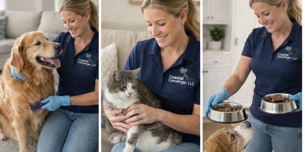 Pet caretaker grooming a golden retriever, holding a cat, and feeding the dog.
