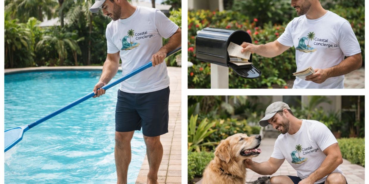 Man in Coastal Concierge shirt cleaning pool, checking mail, and petting a dog.