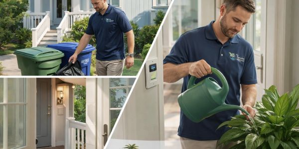 Man in uniform handles trash and waters plants at a home for Coastal Concierge, LLC.