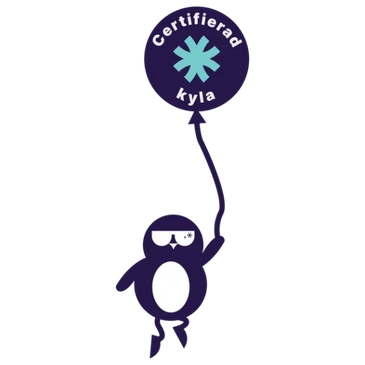 Cartoon penguin holding a balloon with Swedish text.