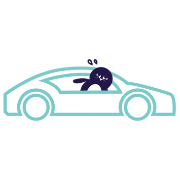 Cartoon character driving a sleek, modern car.