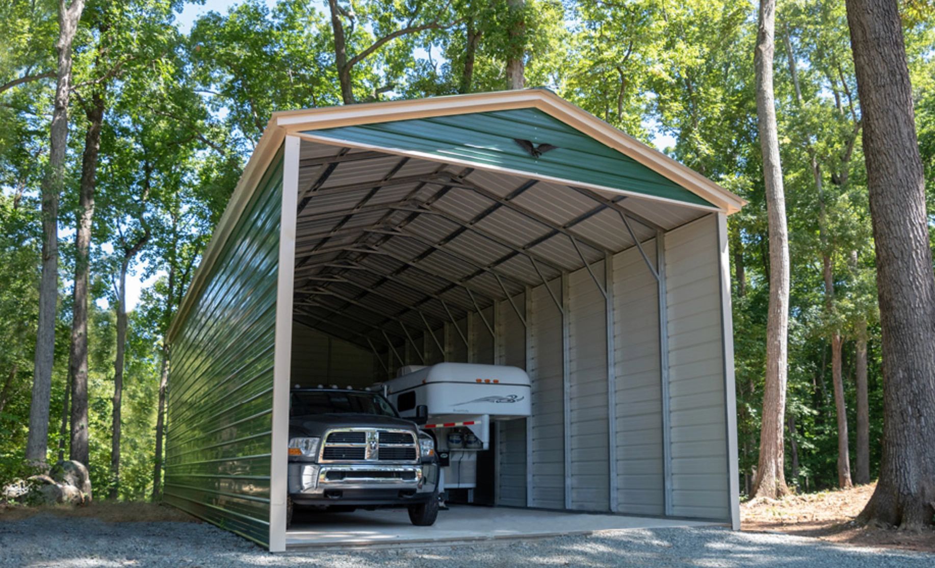 Partially Enclosed Metal carport for storage of boats, trailers and rv. 