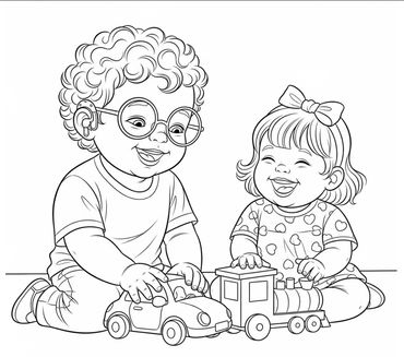 Two kids playing happily with toy cars and a train.