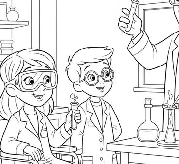 Children in lab coats conducting a science experiment with test tubes.