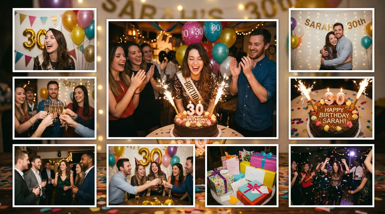 30th birthday party with friends, cake, gifts, and dancing.