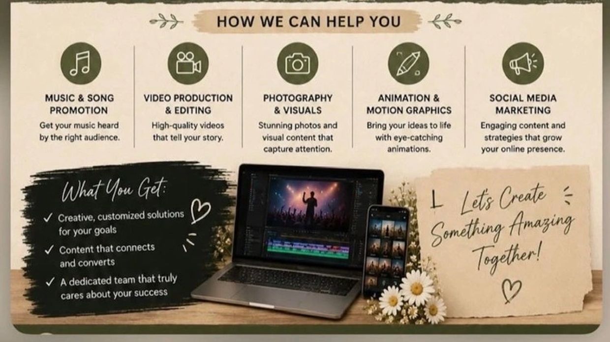 Overview of creative services offered including music promotion, video production, photography, animation, and social media marketing.